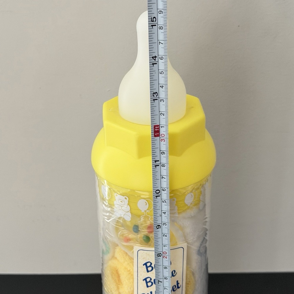 Vtg Silly Phillie Baby Bottle Coin Bank Gift Set Yellow Bib Washcloth Rattle Set - Picture 6 of 6